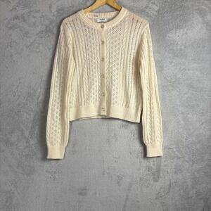 The Workshop Wool Cardigan Cream Pointelle Cable Knit Merino Sweater Large